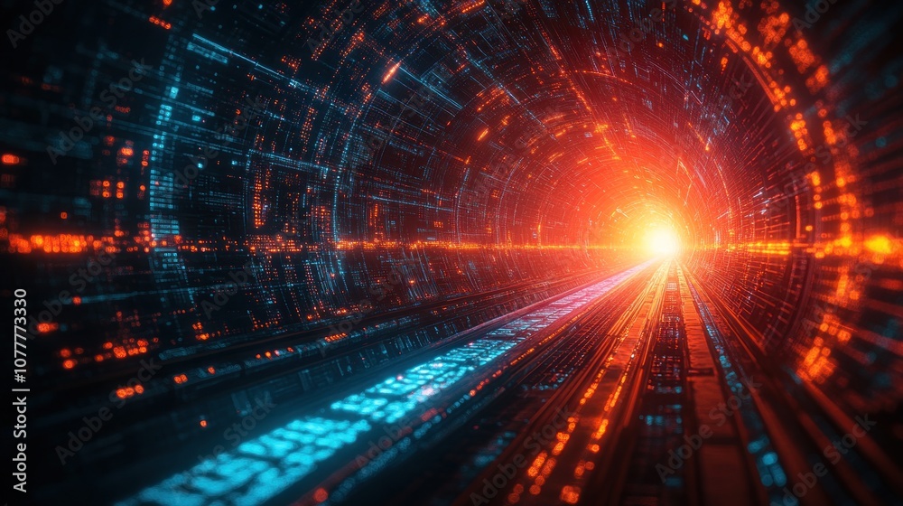 Futuristic tunnel with glowing data streams and light at the end. Futuristic tunnel with glowing data streams and light at the end.