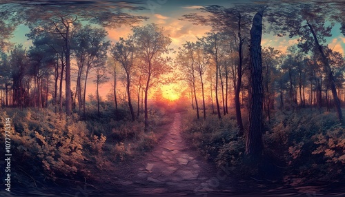 A Path Through a Forest at Sunset