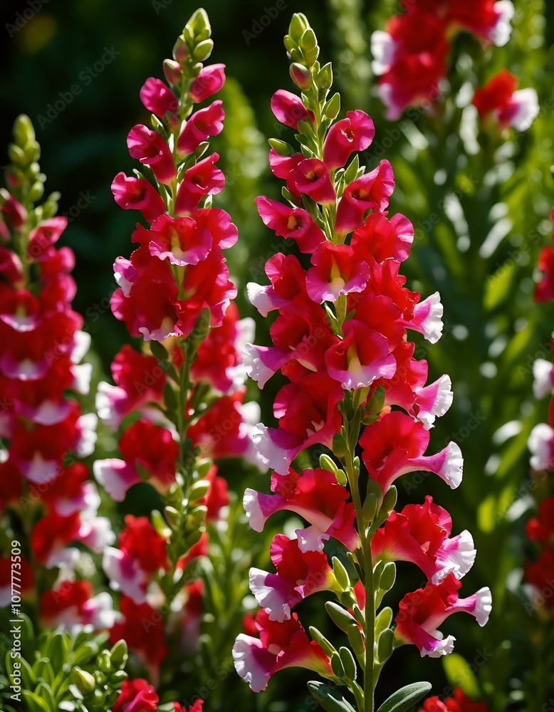 Bright red snapdragons blooming in a lush flowerbed Bright red snapdragons blooming in a lush flowerbed