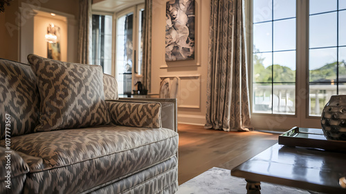 Cozy living room with patterned couch, elegant decor, and large windows showcasing natural light and outdoor views.