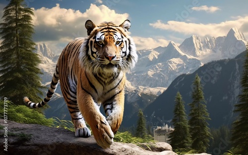 A majestic tiger prowls through a mountainous landscape, showcasing nature's beauty. photo