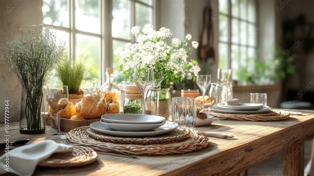 A beautifully set dining table with fresh flowers and greenery. A beautifully set dining table with fresh flowers and greenery.
