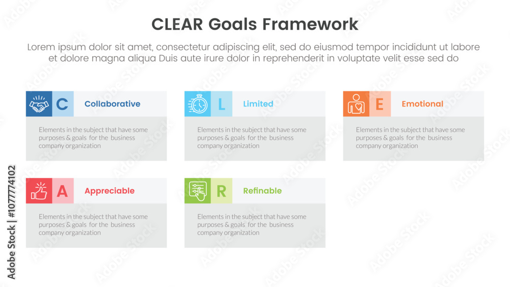 CLEAR goals framework infographic template banner with big box table information with 5 point list information for slide presentation CLEAR goals framework infographic template banner with big box table information with 5 point list information for slide presentation