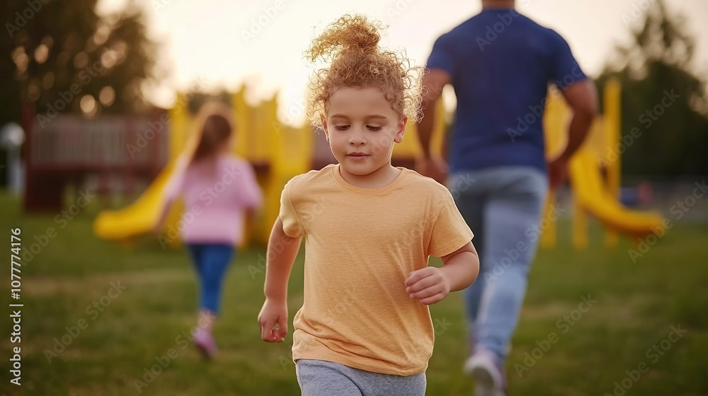 Young child with curly hair running joyfully in a sunny playground setting, capturing the essence of outdoor play, fun, and childhood memories during a warm afternoon. Young child with curly hair running joyfully in a sunny playground setting, capturing the essence of outdoor play, fun, and childhood memories during a warm afternoon.