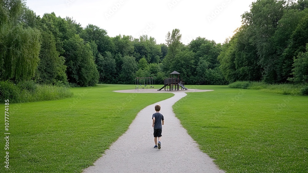 Child Walking Towards Playground in Lush Green Park Surrounded by Trees and Open Space, Embodying Freedom and Joy of Childhood Exploration and Adventure Child Walking Towards Playground in Lush Green Park Surrounded by Trees and Open Space, Embodying Freedom and Joy of Childhood Exploration and Adventure