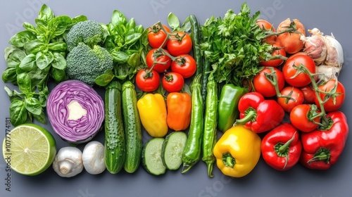 Fresh vegetables arranged in rows on a grey background.