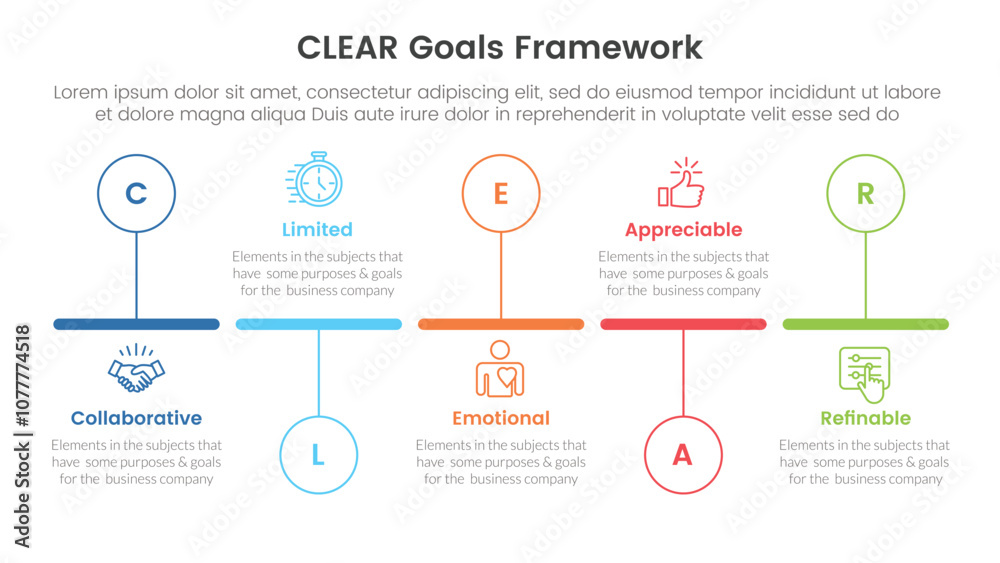 CLEAR goals framework infographic template banner with timeline horizontal outline circle up and down with 5 point list information for slide presentation CLEAR goals framework infographic template banner with timeline horizontal outline circle up and down with 5 point list information for slide presentation