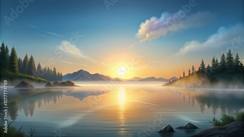 Sunrise over a Misty Mountain Lake with a Reflection of the Forest