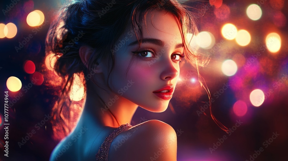 Young woman with long brown hair looking over her shoulder. Young woman with long brown hair looking over her shoulder.