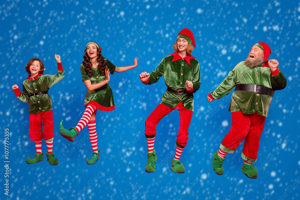Φωτογραφία Full body photo of positive childhood elf people dance xmas wear hat holiday enj