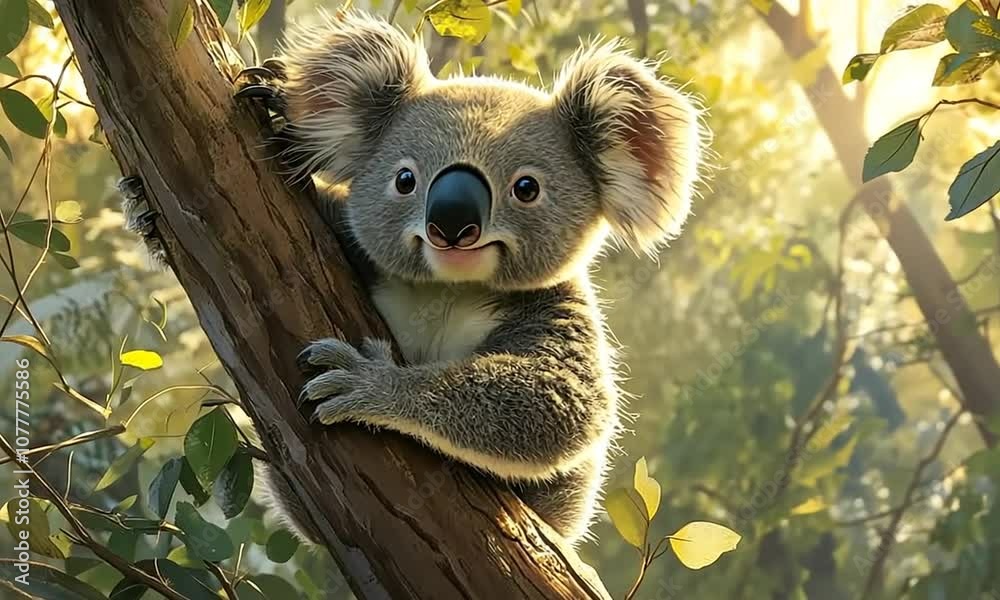 A cute koala bear with big eyes and a furry coat climbs a tree in a lush forest.