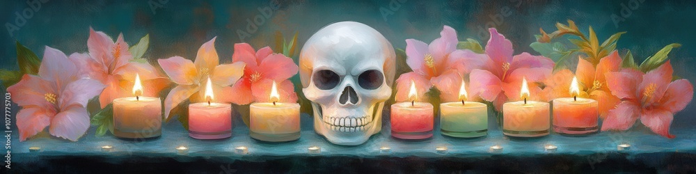 Φωτογραφία Vibrant Skull Candle Arrangement with Colorful Flowers - Enchanting Fantasy Deco