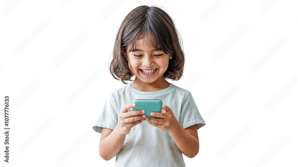 Happy girl using a smartphone, isolated on transparent background Happy girl using a smartphone, isolated on transparent background
