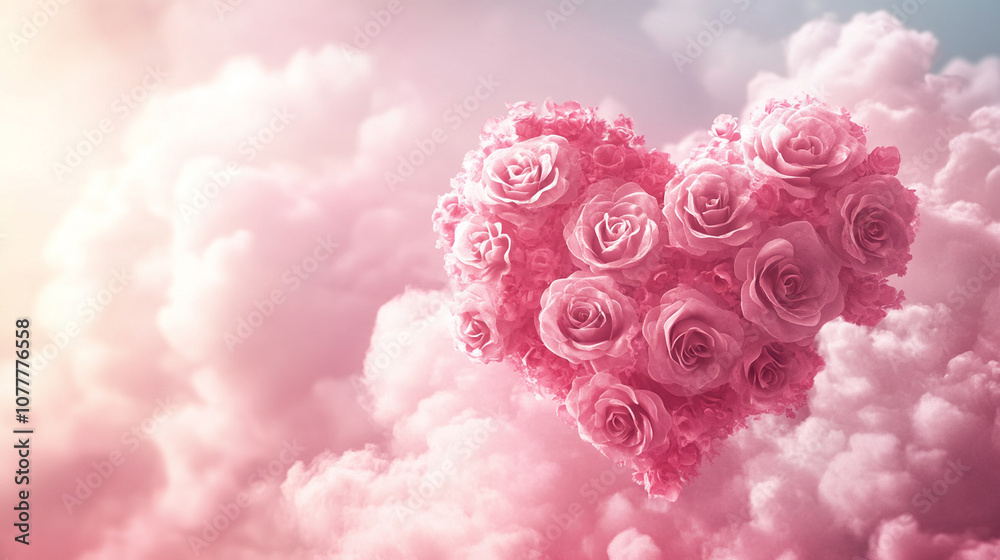 Fototapeta premium Romantic pink composition, decorated with roses, heart shape.