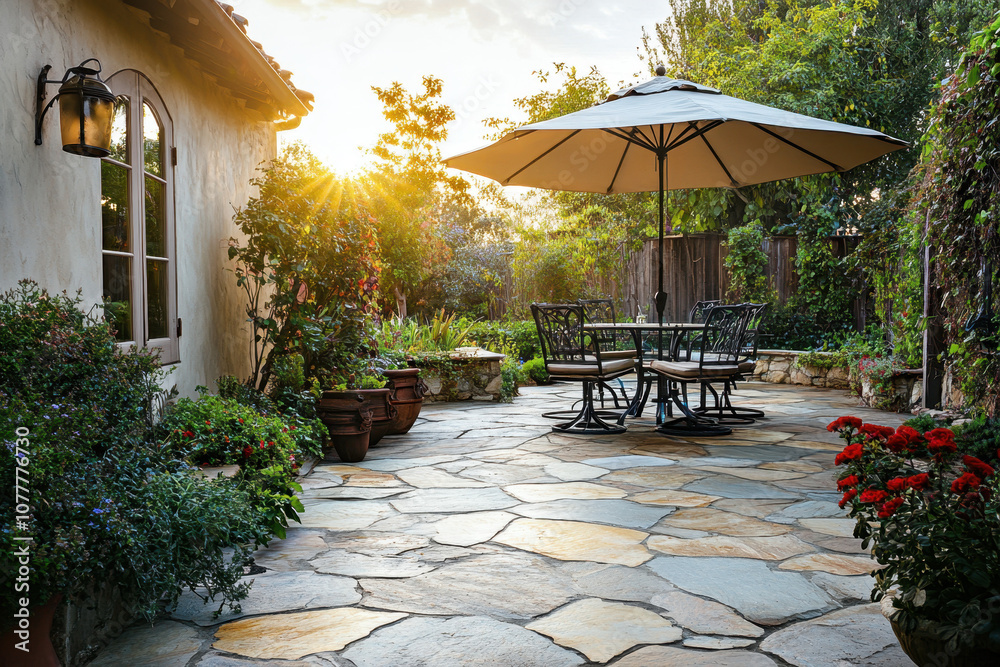 Obraz premium Sunlit patio with stone flooring, elegant outdoor furniture, and lush garden surrounds creating a serene atmosphere under a large umbrella.