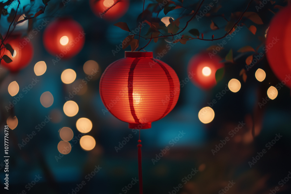 Chinese New Year, Lunar New Year. Glowing asian red lanterns on dark blue background. Lights, bokeh. Festival street decor, night. Festive magical atmosphere. Chinese New Year, Lunar New Year. Glowing asian red lanterns on dark blue background. Lights, bokeh. Festival street decor, night. Festive magical atmosphere.