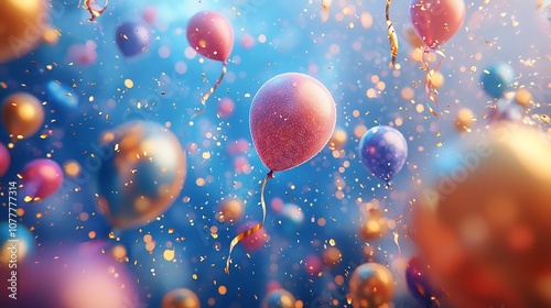 Vibrant and of a Lively New Year s Scene Featuring Colorful Streamers Balloons and a Joyful Blue and Gold Backdrop photo