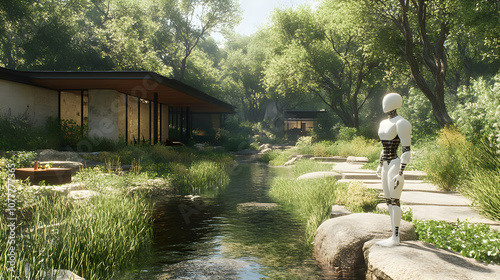 3D Illustration - Robot in a Garden with Stream and Modern Homes photo