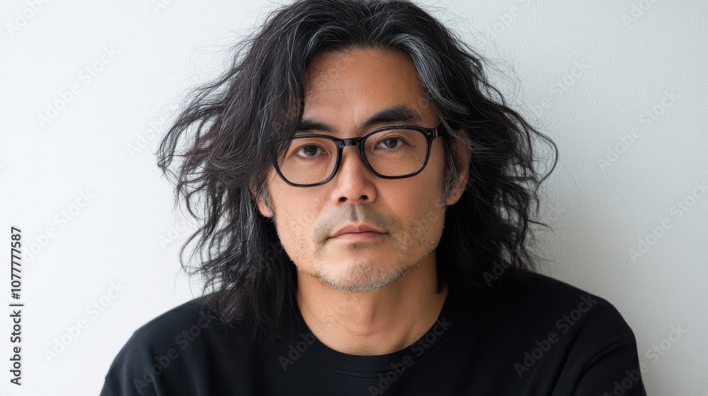プロの照明の下で、眼鏡をかけ、長い髪をしたアジア人のスタジオポートレート プロの照明の下で、眼鏡をかけ、長い髪をしたアジア人のスタジオポートレート