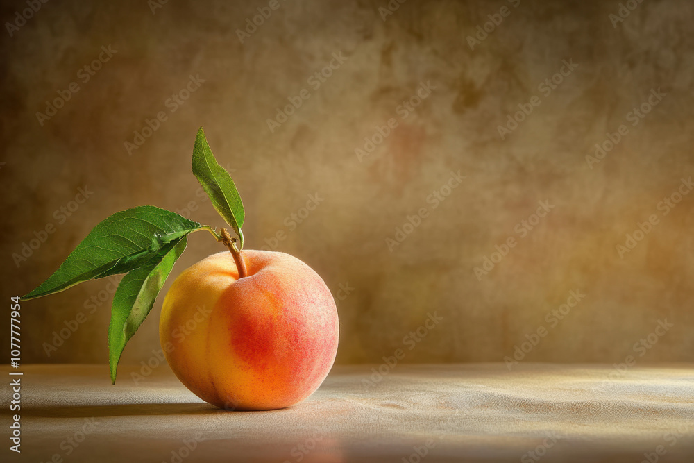 A ripe peach with vibrant hues and fresh green leaves sits against a warm, textured background, exuding a sense of natural freshness and simplicity. A ripe peach with vibrant hues and fresh green leaves sits against a warm, textured background, exuding a sense of natural freshness and simplicity.