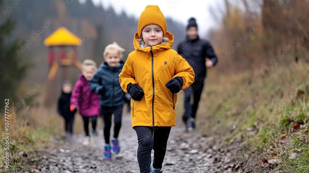 Children Running on a Trail in Autumn Forest, Energetic and Playful Moments Captured in Outdoor Adventure, Vibrant Colors Amidst Nature's Beauty Children Running on a Trail in Autumn Forest, Energetic and Playful Moments Captured in Outdoor Adventure, Vibrant Colors Amidst Nature's Beauty