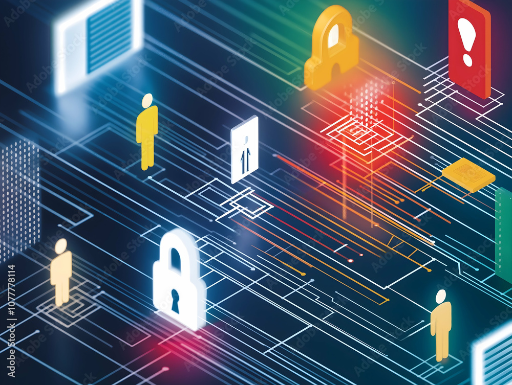 Fototapeta premium A vibrant digital landscape featuring figures, security locks, and icons representing data protection, highlighting the theme of cybersecurity and digital safety.