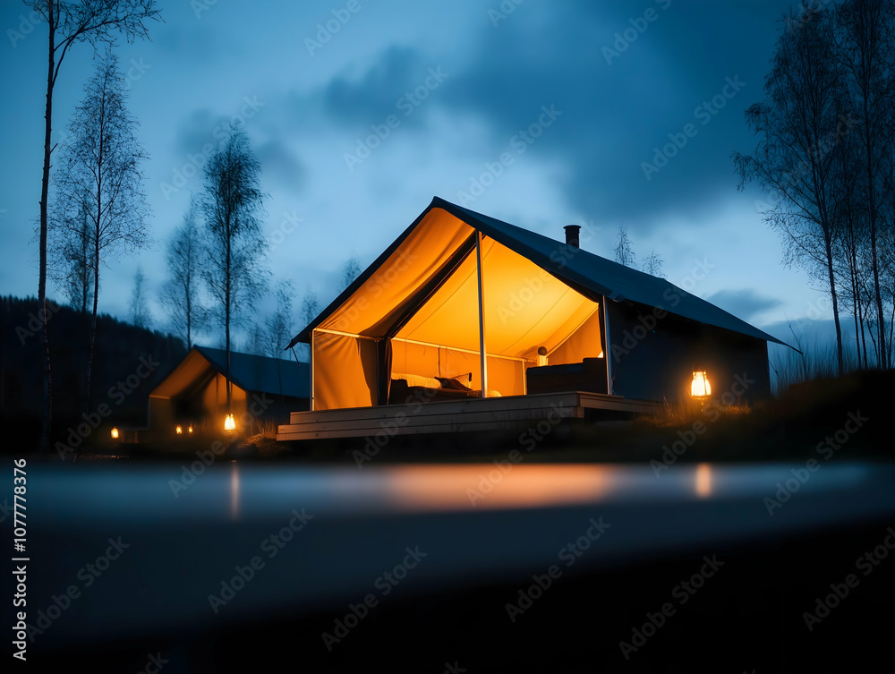 Fototapeta premium A cozy tent cabin illuminated warmly at dusk, surrounded by trees under a cloudy sky, inviting tranquility and adventure in nature.
