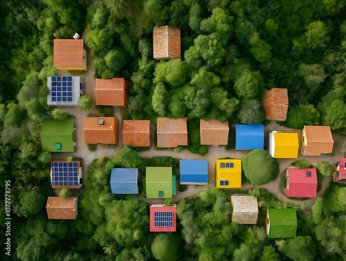 A colorful village nestled in a lush forest, featuring various uniquely designed houses along a pathway. photo