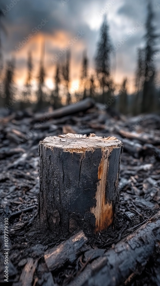 tree stump in forest clearing at sunset tree stump in forest clearing at sunset