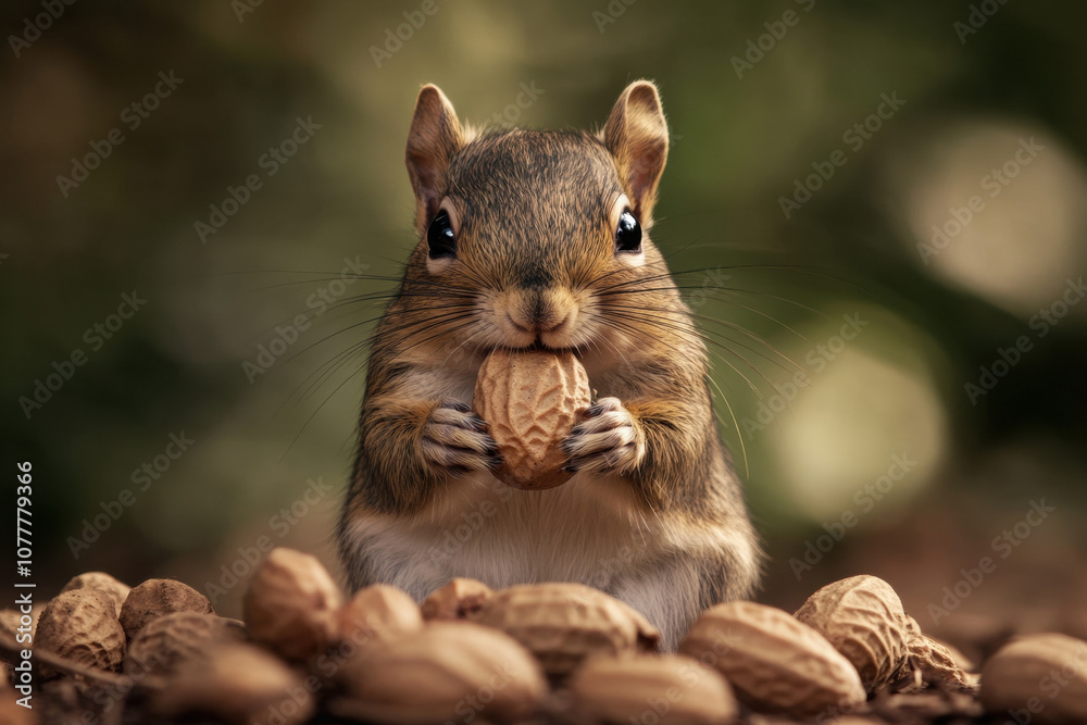 Adorable chipmunk holding a peanut, surrounded by nuts with a soft, blurred green background. Adorable chipmunk holding a peanut, surrounded by nuts with a soft, blurred green background.