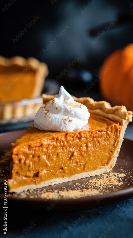Pumpkin Pie Slice with Whipped Cream and Nutmeg on Dark Plate Pumpkin Pie Slice with Whipped Cream and Nutmeg on Dark Plate