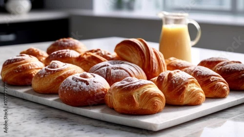 Set of bakery pastries on a white granite table