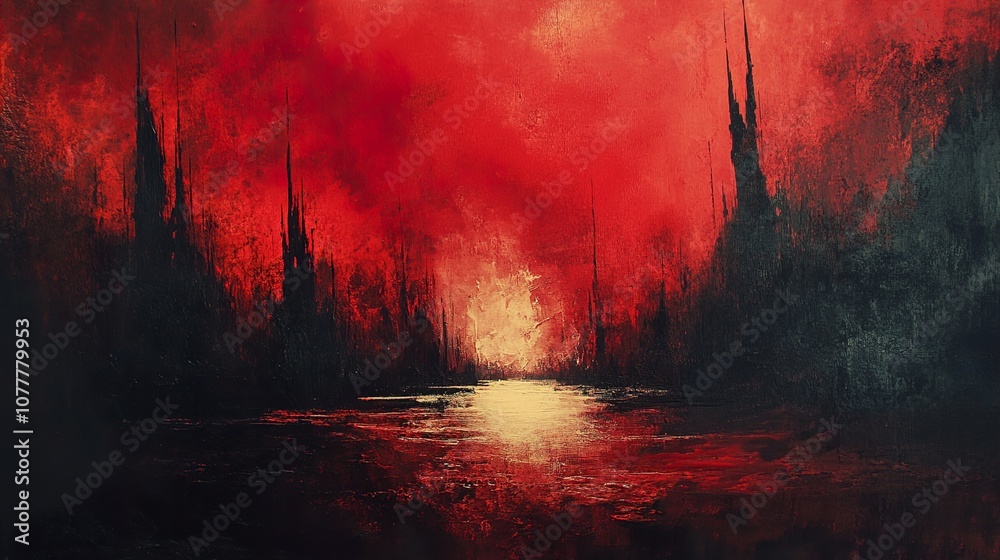 Abstract Landscape Painting with Red Sky and Dark Silhouettes Abstract Landscape Painting with Red Sky and Dark Silhouettes