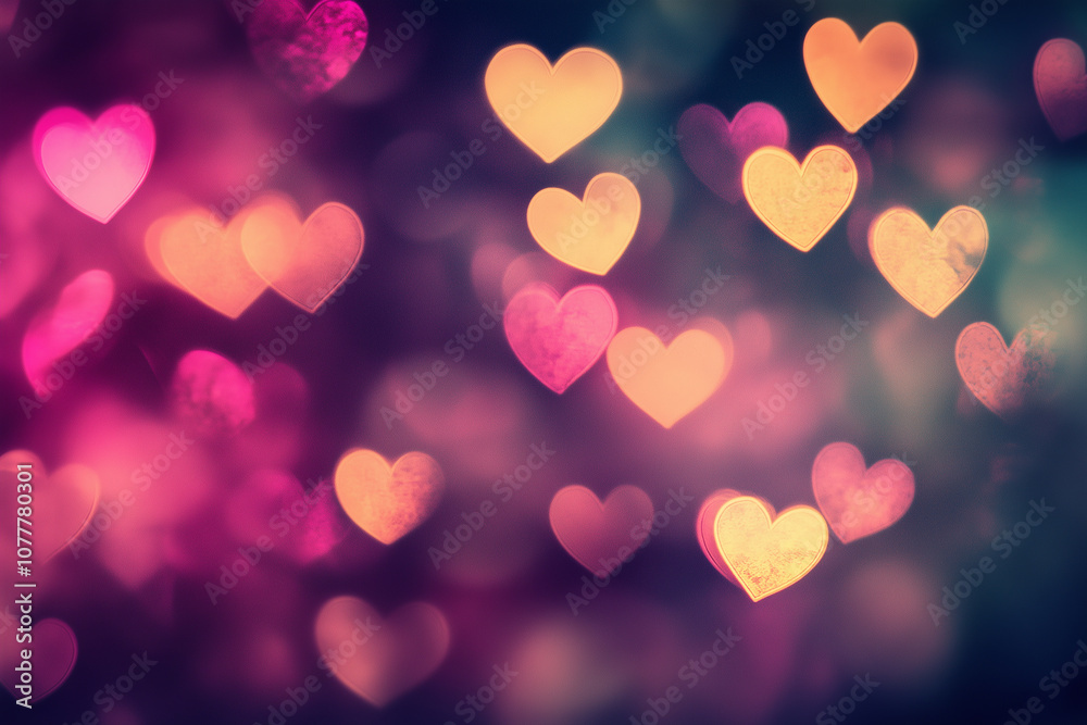 Gold and pink lights on a dark purple background, heart-shaped bokeh. Abstract defocused blurred background. Holiday background, Valentine's day or Christmas. Gold and pink lights on a dark purple background, heart-shaped bokeh. Abstract defocused blurred background. Holiday background, Valentine's day or Christmas.