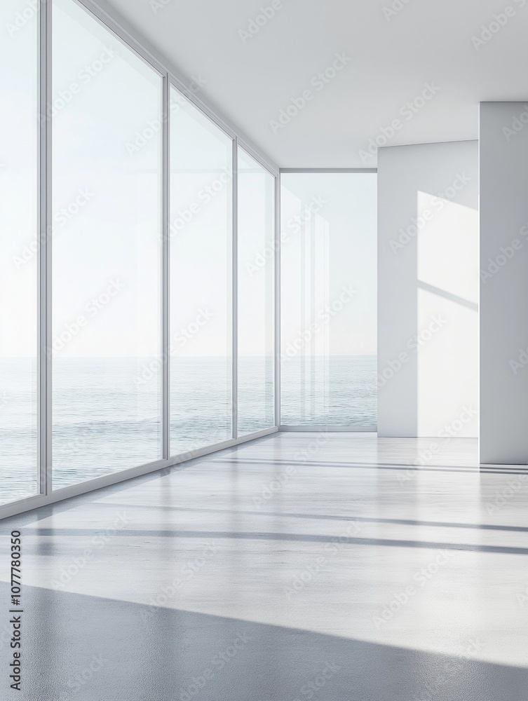Fototapeta premium Spacious White Minimalist Home with Sea View, Embracing Serenity and Clean Design