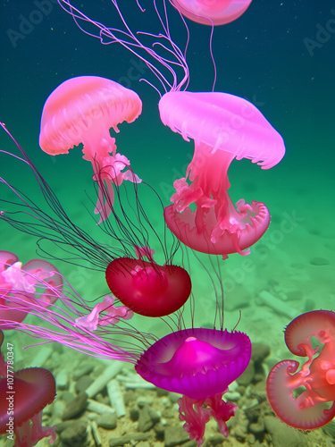 Mediterranean jellyfish in various shades of pink and purple (Pelagia noctiluca) - France. photo