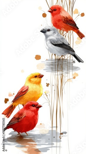 Vibrant Watercolor Birds Artwork Featuring Red, Yellow, and White Birds on White Background with Reflections - Nature Inspired Artistic Illustration photo