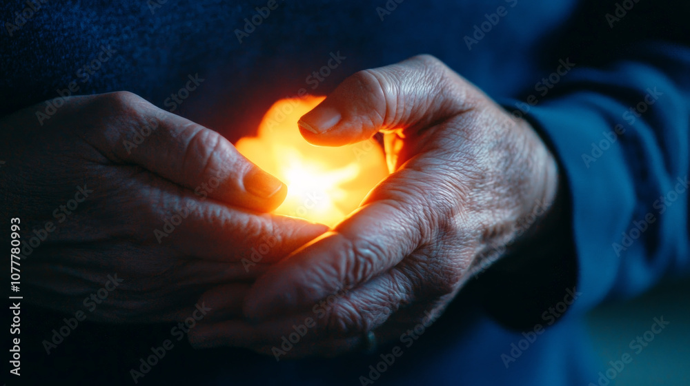 close up of hands gently holding glowing object, symbolizing warmth and care. hands show age and wisdom, creating serene and emotional atmosphere close up of hands gently holding glowing object, symbolizing warmth and care. hands show age and wisdom, creating serene and emotional atmosphere