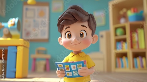 Animated 3D cartoon character using bright vibrant flashcards and to engage children in an interactive language lesson helping them learn new words colors shapes and more in a fun educational setting