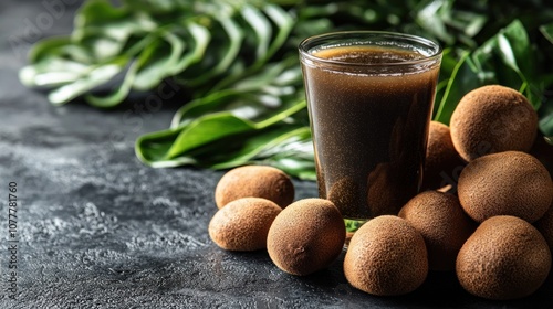 Glass of longan juice with fresh longans and green leaves on a dark background. photo