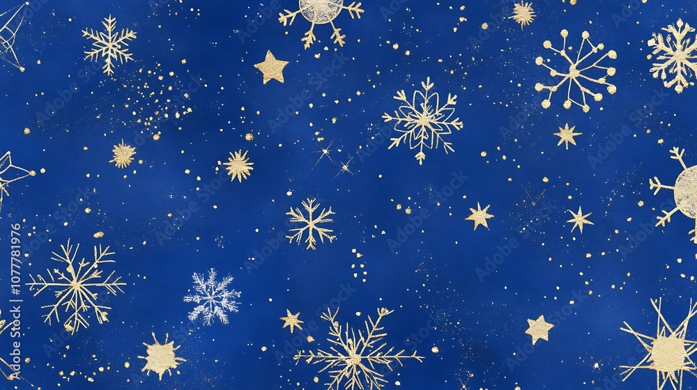 Elegant Gold Snowflakes and Stars on a Deep Blue Background for Winter and Holiday Decor Elegant Gold Snowflakes and Stars on a Deep Blue Background for Winter and Holiday Decor