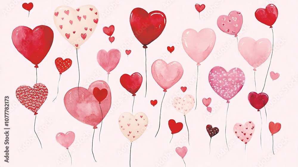 Colorful Heart Shaped Balloons Floating Against a Soft Pink Background for Romantic Celebrations Colorful Heart Shaped Balloons Floating Against a Soft Pink Background for Romantic Celebrations