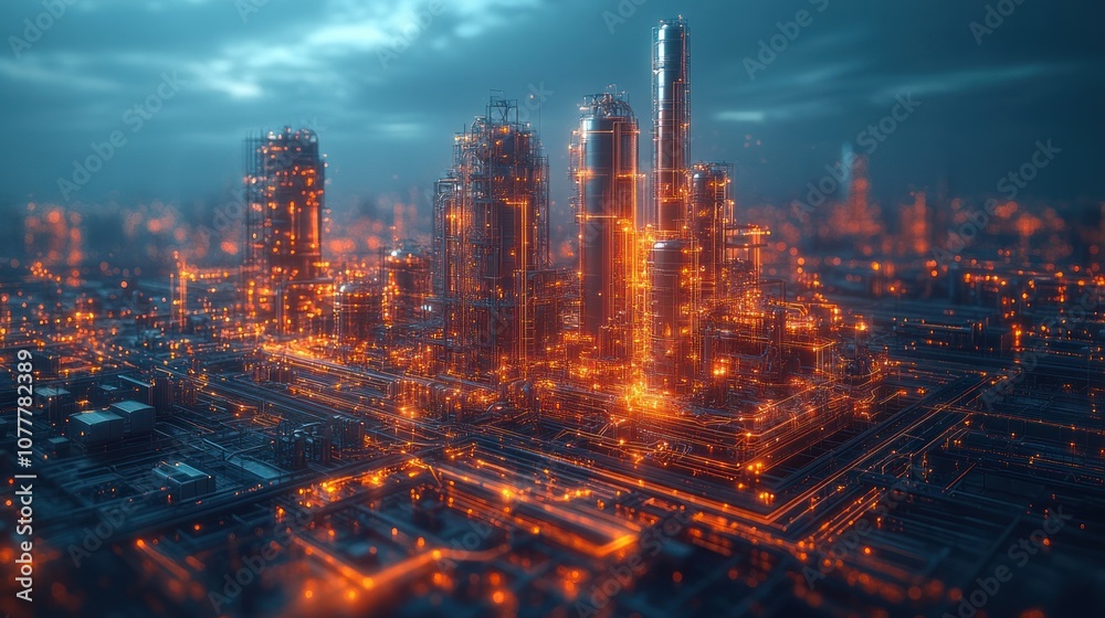 Fototapeta premium Futuristic cityscape illuminated with glowing structures at dusk.