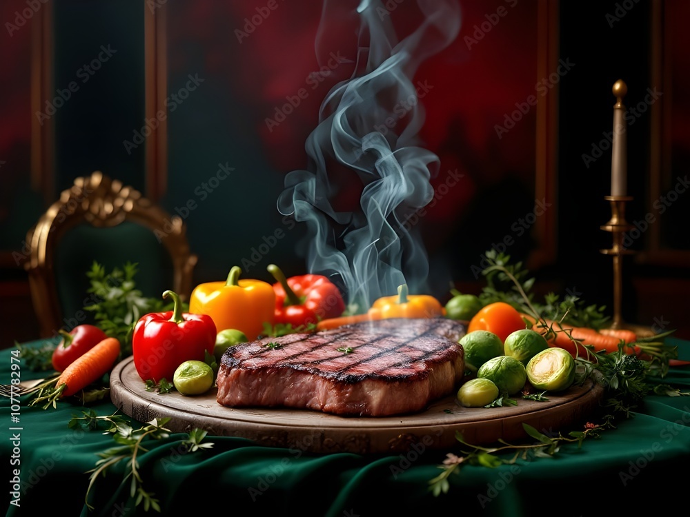 Steak and vegetable on the dish and clean table.