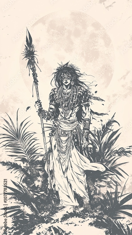 A Woman Warrior Holding a Spear, Adorned with Beads and Feathers, Stands Beneath a Full Moon
