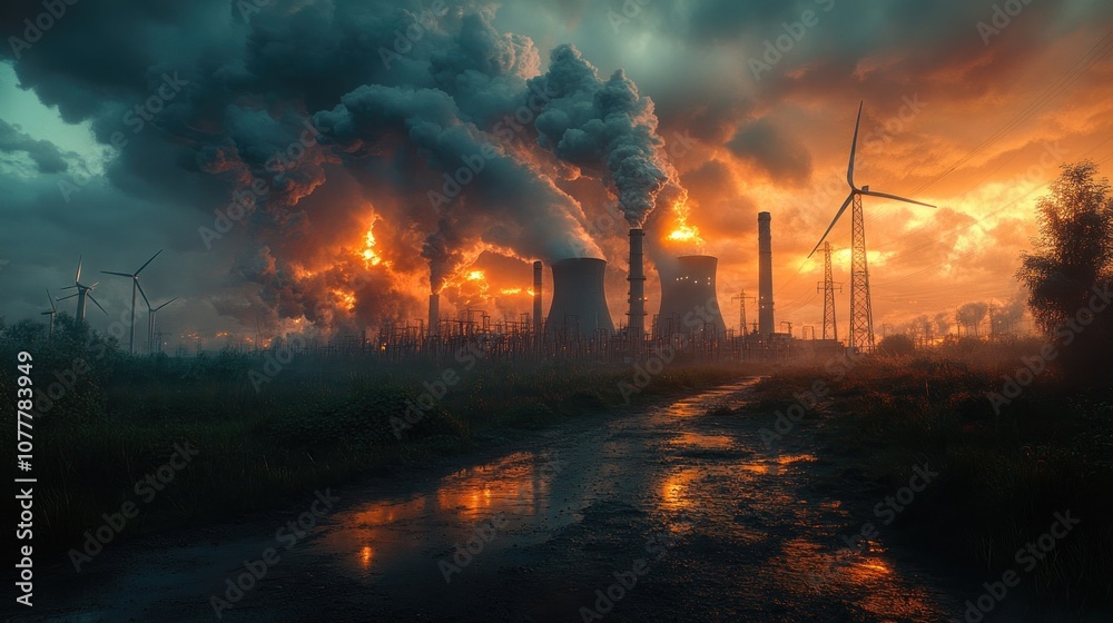 Industrial landscape with smoke, flames, and wind turbines at sunset. Industrial landscape with smoke, flames, and wind turbines at sunset.