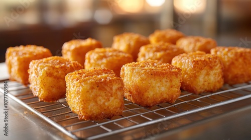 Golden brown, crispy potato bites on a wire rack.