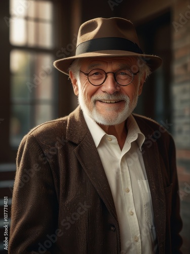 Hyperrealistic Full-Body Portrait of Elderly Man in 16K UHD with White Hair and Beard, Round Glasses, and Brown Fedora