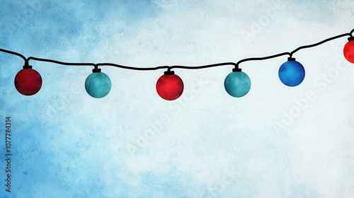 Colorful String Lights with Red and Blue Bulbs Against a Soft Blue Background Creating a Cheerful and Festive Atmosphere for Celebrations or Events