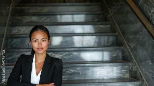 Wallpaper Mural オフィスの階段にいるプロのアジア人ビジネスウーマン Torontodigital.ca
